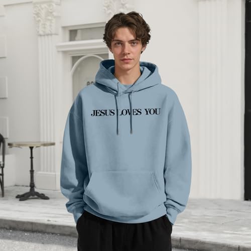 Christian Jesus Loves You Hoodies for Teen Religious Faith Sweatshirts Bible Verse Graphic Youth Hoodie - color: Blue Gray, size: Large