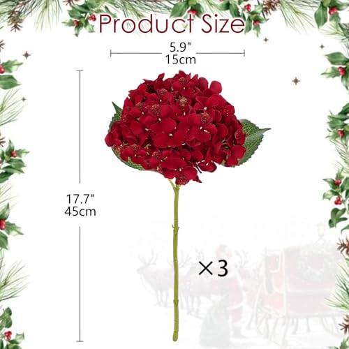 Hollyone 3Pcs Christmas Red Hydrangea Artificial Flowers 6inch Burgundy Hydrangeas Glitter Faux Hydrangea Flowers with Stems Fake Flower Arrangements Bouquets Floral Wedding Xmas Home Decor Small - color: Small