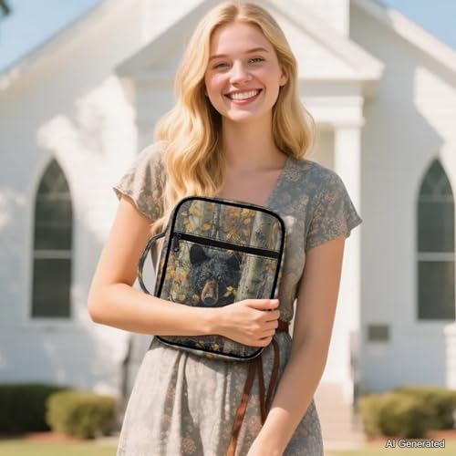 Suobstales Bear Hunting Camo Print Bible Covers for Women Men Lightweight Bible Accessories with Handle and Zippered Pocket Bible Tote Bag for Kids - color: Bear Hunting Camo