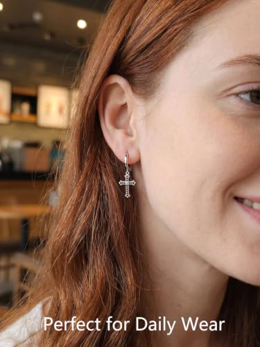 Small Cross 925 Sterling Silver Dangle Drop Earrings for Women Men - color: Black