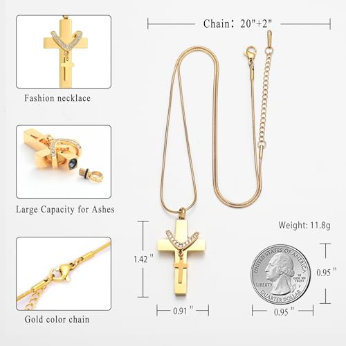 Cremation Jewelry for Ashes Pendant - Cross Urn Necklace with Mini Keepsake Urn Memorial Ash Jewelry - color: Gold