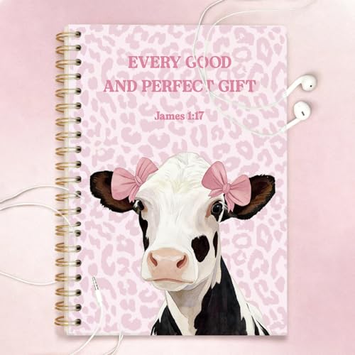Cute Cow Bible Verse Spiral Notebook for Women & Teen Girls, Pink Coquette Leopard Print Christian Journal, 5.5x8.3 Inch Lined Notebook for School, Work, Writing & Gifts - color: Cow Bible