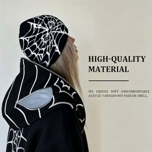 Unisex Stretch Warm Winter Skull Cap, Cold Weather Knit Beanie - color: White Spider Web Pattern