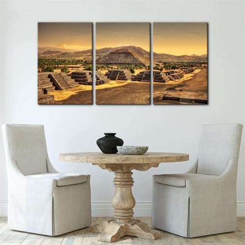 Pacimo 3 Pieces Ancient Mexican Canvas Paintings Aztec Pyramids Pictures Mayan Temple Modern Artwork for Living Room Canvas Wall Art Poster Home Decor Stretch and Framed Ready to Hang - 16"x24"x3 - color: Wallart-07, size: 16"x24"x3 Panels