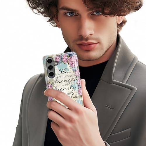 Compatible for Samsung Galaxy S24 Plus 5G Case, 2 Layer Hard Shell Silicone Cover 2 in 1 Shockproof Protective Phone Case,Bible Verse Proverbs 31:25,Purple Flowers - color: Bible Verse Proverbs 31:25,Purple Flowers, size: S24 Plus