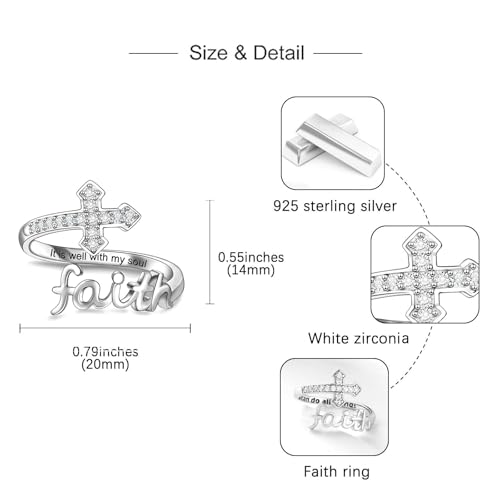 Helonley Cross Faith Ring for Women - 925 Sterling Silver Inspiration Rings - style: It is Well With My Soul