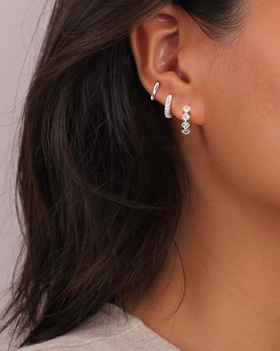 Rotnso Gold Hoop Earrings Set for Women Hypoallergenic Trendy Huggie Stack - style: 3 Pairs Rhombus CZ Hoops-SL