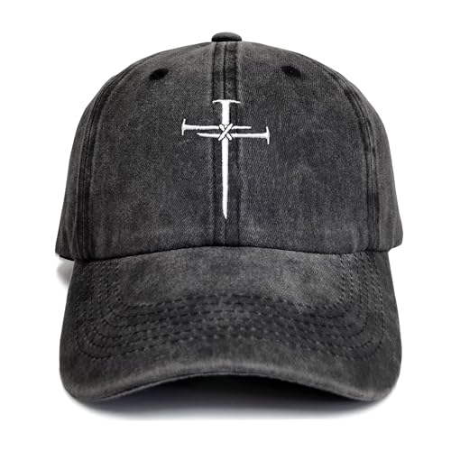 Christian Redeemed Cross Nails Hats for Men Women, Vintage Adjustable Cotton Embroidered Front & Back Baseball Cap - color: Christian-black