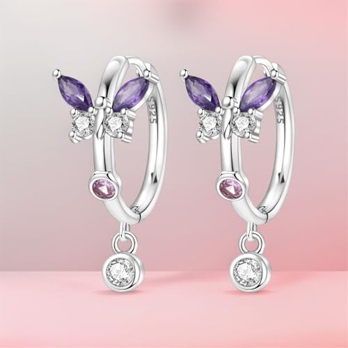 925 Sterling Silver Drop & Dangle Earrings for Women,Butterfly Dragonfly and Bee|Flower and leaf Earrings, Suitable for Sensitive Ears Fashion Jewelry Gift- Hypoallergenic Earrings - color: Purple butterfly