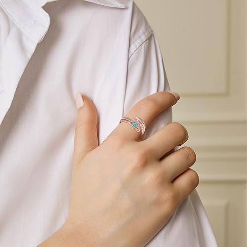 Turquoise/Moss Agate/Moonstone/Black Onyx/Lapis Lazuli/Labradorite/Tiger Eye Feather Ring 925 Sterling Silver Adjustable Ring Western Vintage Jewelry Gifts for Women - color: Rose gold-A24