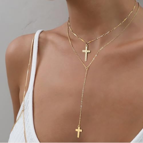 Sterling Silver 14K Gold Plated Dainty Layered Long Necklace for Women - color: Gold-Cross