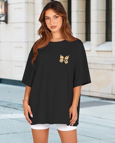 Womens Oversized Tshirt Graphic Tees Crew Neck Summer Short Sleeve Tops - color: A-butterfly Print Black, size: Small