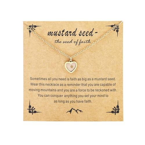 Mustard Seed Necklace - Rectangle, Round, Mountain, Hill Christian Faith Geometric Religious Inspirational Gift With Message Card - color: Gold, style: Heart