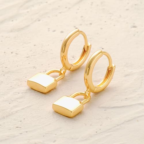 MYEARS Women Earrings Gold Huggie Hoop Dangle Drop 14K Gold Plated Small Simple Hypoallergenic Everyday Jewelry - style: Padlock