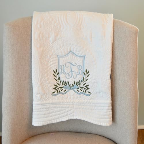 Personalized Baptism Blanket Quilt with Embroidered Crest Design, Custom Name or Mongram Heirloom Gift for Boy or Girl, Christening Baptism
