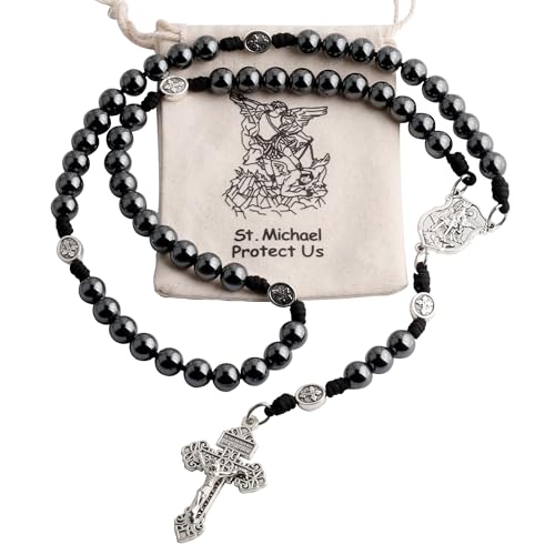 HanlinCC St.Michael Paracord Catholic Rosary Large Hematite Beads for Men