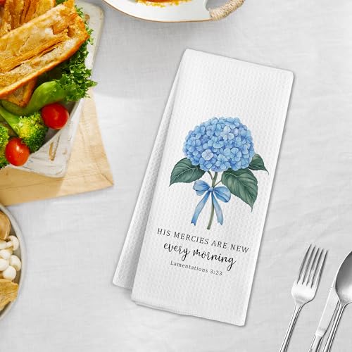 Christian Hydrangea Floral Kitchen Towels, Blue Hydrangea Bible Hand Towels, Lamentations 3:23 Religious Hand Dish Tea Towel for Kitchen Bathroom Decor, Christian Gifts for Women, 16x24 Inch - color: Hydrangea