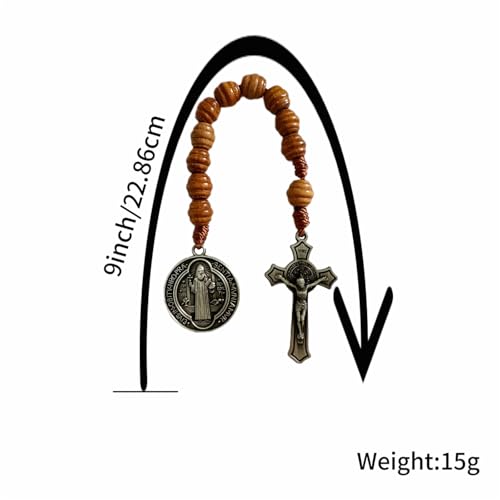 Bovemee Saint Benedict Medal Prayer Pocket Rosary Catholic Brown Wood Beads with Medalla de san benitol and Crucifix, 9 Inch - color: Antique Silver