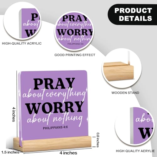 Purple Home Office Decor,Christian Decor,Pray About Everything Worry About Nothing Acrylic Sign Religious Bible Verse Decorations for Home Office Prayer Room Tabletop Shelf - color: PRAY About Everything Worry About Nothing
