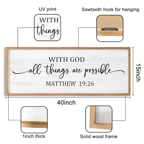 With God All Things are Possible Framed Wall Art, 40''×15'' Positive Religious Rustic Bible Verse for Christian God Jesus Christ Prayer, Vintage Horizontal Holy Inspirational Catholic Scripture Decor - color: Natural Frame, style: With God All Things are