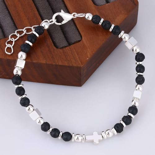 Beaded Bracelets for Women, Inspirational Natural Gemstone Bracelets Graduation Mothers Day Christmas Birthday Gifts for Mom, Daughter, Granddaughter, Wife, Sister, Best Friend - color: Lava Stone, style: Cross
