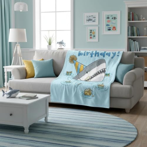 Happy Birthday Throw Blanket Shark 50x60 Inch Funny Shark Birthday Gifts for Kids Boys Soft Cozy Blue Cartoon Birthday Blanket - color: Happy Birthday 2