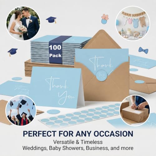 XXINMOH 100 Pack Thank You Cards With Envelopes Bulk Set & Stickers - 4x6 inch Blank Thank You Notes Bulk Box Set - Large Note Card Small Business, Wedding, Baby Shower & Bridal Shower - Light Blue - color: Blue