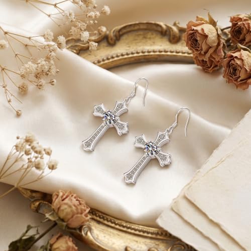 Moissanite S925 Sterling Silver Dainty Cross Drop Dangle Earrings For Women - color: silver