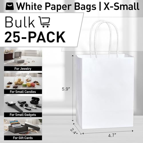SUNCOLOR 25 Pieces 6 Inch Mini Goodie Bags Small White Gift Bags with Handles for Party Favors, Birthday Treats, and Weddings - color: White
