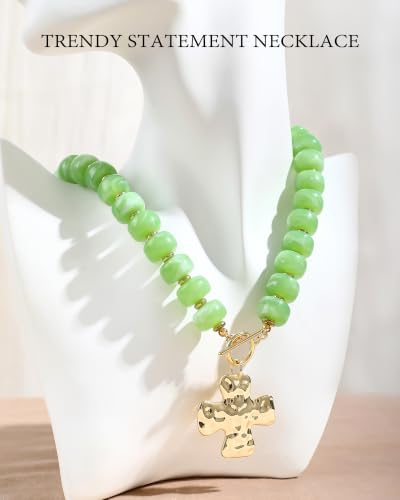 ZHESHY Chunky Beaded Necklaces for Women Heart Cross Statement Necklace - color: Green 1