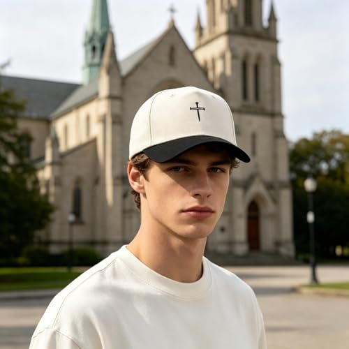Embroidered Christian Two-Tone Baseball Cap for Men & Women, Adjustable Dad Hat Christmas Easter Gift - color: Jesus 3 Nail Cross Shape, Black/Beige