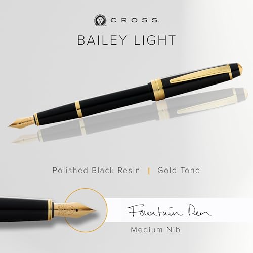 Cross Bailey Light Polished Black Fountain Pen, Medium Nib, Black Ink
