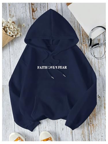 SHENHE Women's Graphic Slogan Faith Over Fear Christian Sweatshirt Hoodie - color: Dark Blue, size: Small