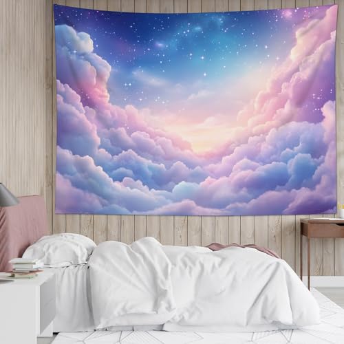 LB Pink Cloud Tapestry for Bedroom- Blue Starry Sky Wall Tapestry- Aesthetic Nature Scenery Wall Decor Tapestries for Living Room College Dorm,60Wx40H inches - color: Pink Blue, size: 40"L x 60"W
