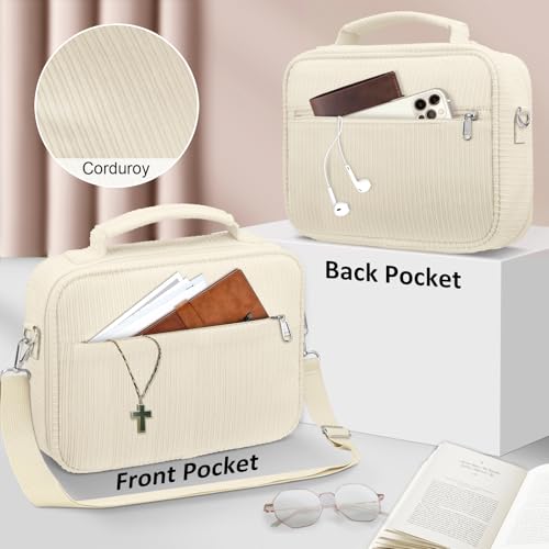FINPAC Bible Cover with Shoulder Strap, Church Book Carrying Bible Case Bag - color: Corduroy Beige