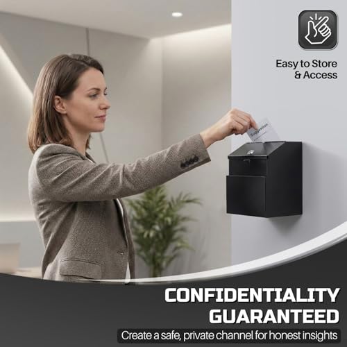 Flexzion Wall Mounted Suggestion Box with Slot and Lock, 25 Cards, Black