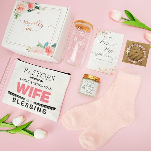 Pastor Wife Appreciation Gifts, 7 Pcs Pastors Wife Gifts for Women with 16oz Glass Cup, Lavender Candle, Fuzzy Socks, Cross Bracelet, Makeup Bag & Thank You Card for Birthday Retirement Anniversary - style: For Pastors Wife