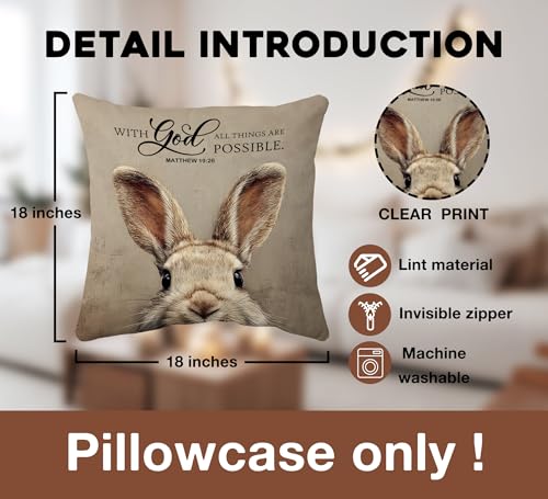 huester Easter Bunny Christian Pillow Cover 18x18, Easter Bunny Decor, with God All Things are Possible Bible Verse Decorative Throw Pillow Cover Pillowcases for Home Bedroom Living Room Decor