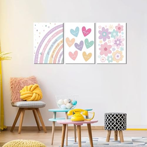 3 Pieces Nursery Boho Wall Art, Framed Cartoon Rainbow Canvas Prints, Colorful Heart Wall Decor, Cute Flower Posters Artwork, Pink Girls Room Aesthetic for Bedroom Dormitory – 12x16in - color: Rainbow, size: 16"L x 12"W