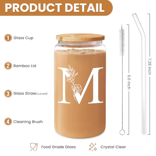 SANDJEST Monogrammed Gifts for Women - Monogram M Initial Glass Cup 16 Oz Can Coffee Cups with Lid and Straw - Monogram Initials Gifts for Womens on Birthday - color: Initial M