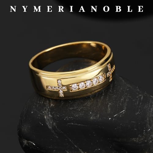 Mens Wedding Band, 18K Gold Plated Rings Non Tarnish Promise Rings For Him Lord's Prayer Cross Ring Father in Law Gifts Round Cut Anniversary Engagement Size 7-14 - size: 12