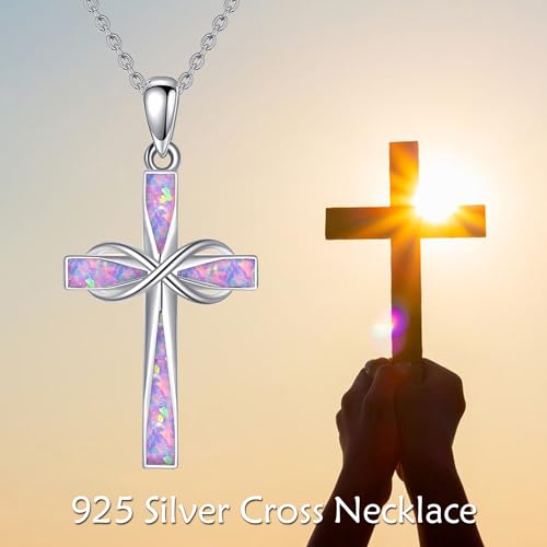ONEFINITY Cross Necklace 925 Sterling Silver Cross Pendant Religious Jewelry Gifts - style: Pink Purple Opal
