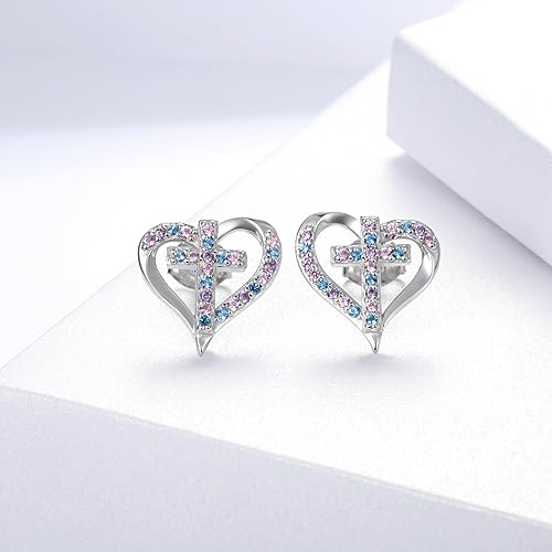Sterling Silver Cross Stud Earrings for Daughter Granddaughter - style: heart cross earrings