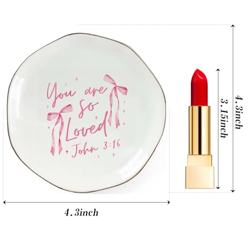 Jewelry Dish Pink Bow Ring Dish, Christian Jewelry Tray, Ceramic Trinket Dish Inspirational Faith Gift for Women, Baptism, Confirmation, Birthday - color: You Are So Loved.