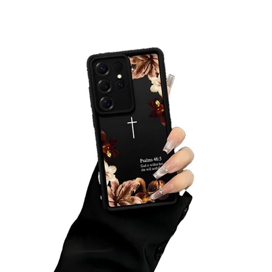 Vintage Floral Cross Psalms 46:5 Phone Case for Samsung S24 Ultra, Black - color: Black