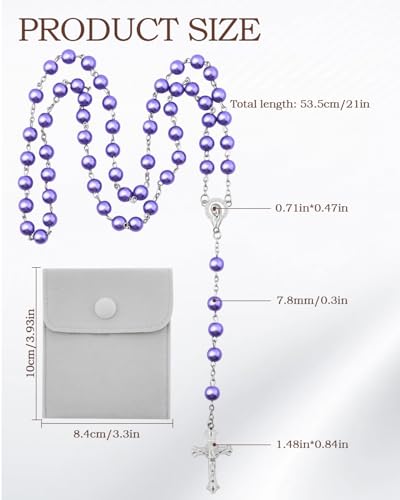 Rosary Beads for Women - Catholic Rosary Beads with Cross, Pink Crystal Rosary Necklace with Velvet Pouch, Religious Gifts for Women - color: Purple