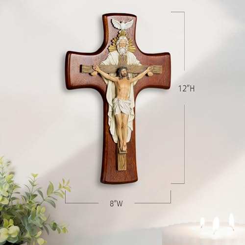 Grace4Joy Holy Trinity Wall Cross, 12 Inches Holy Trinity Crucifix Catholic Home Decor, Hand-Painted Resin Jesus on Wooden Crucifix Religious Housewarming Gifts - color: Cherry