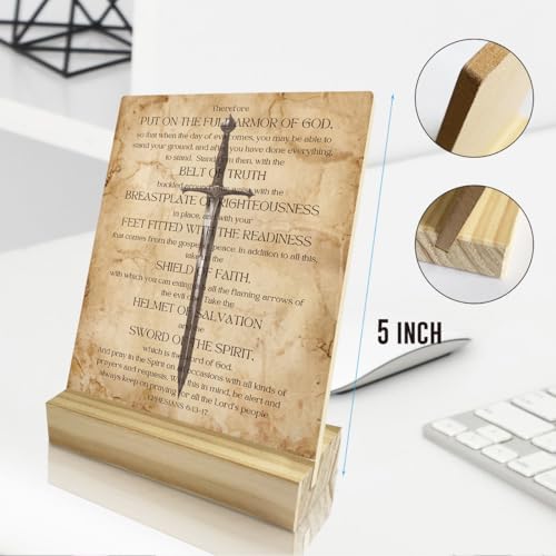 Christian Home Decor, Religious Gifts, Bible Verse Decor, Armor Of God Wooden Plaque Sign Inspirational Christian Decoration for Home Office Shelf Decor - color: Therefore Put On The Full Armor Of God.