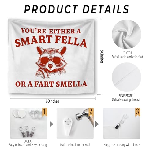 Foritho Funny Trendy Raccoon Tapestry, Humorous Trash Panda Tapestry Wall Hanging, You Are Either a Smart Fella Sarcastic Wall Tapestries for Bedroom Living Room Home Decor, 50x60 Inch - color: Color 10