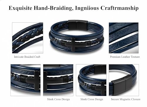 Stainless Steel Braided Leather Bracelet for Men Cuff Bangle Cross - color: Blue&Black